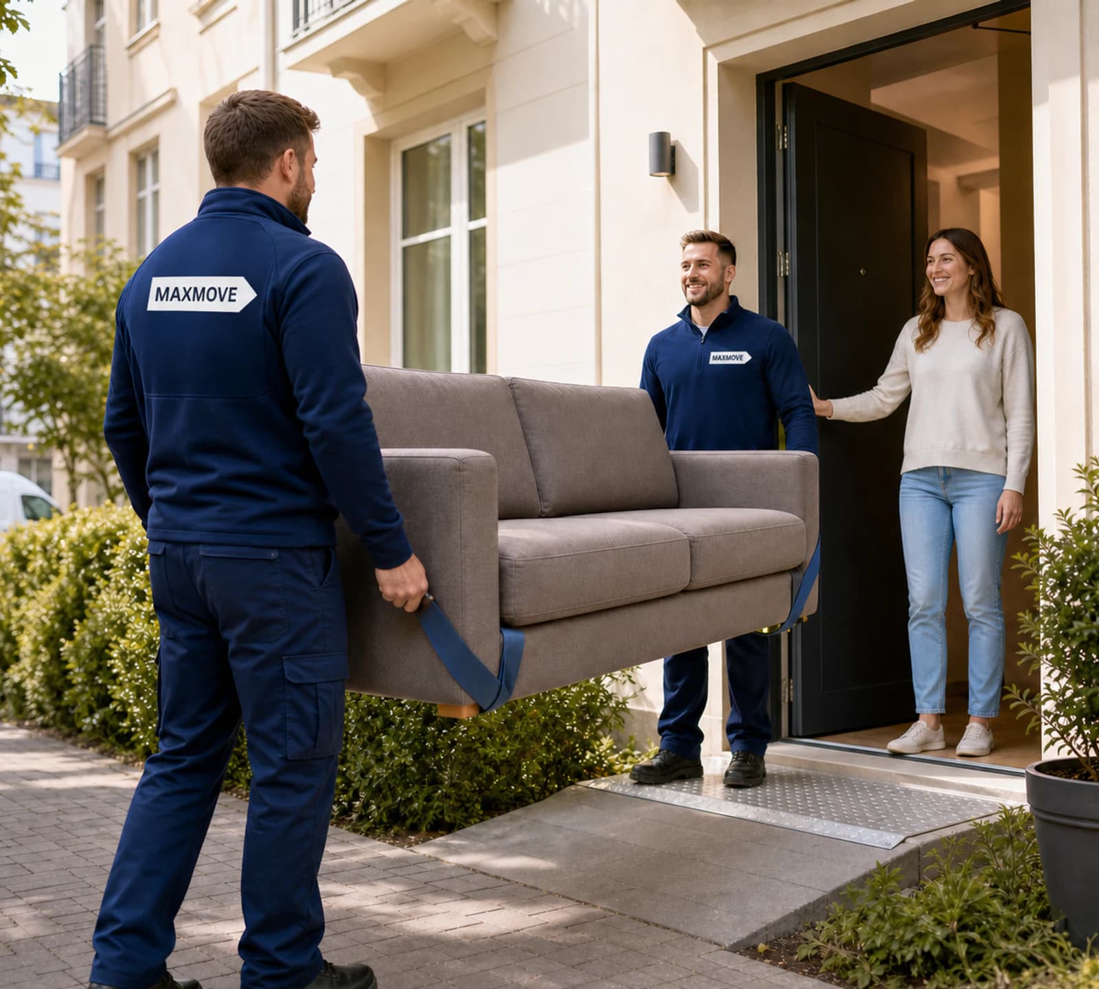 Maxmove helpers carrying a sofa to a happy customer