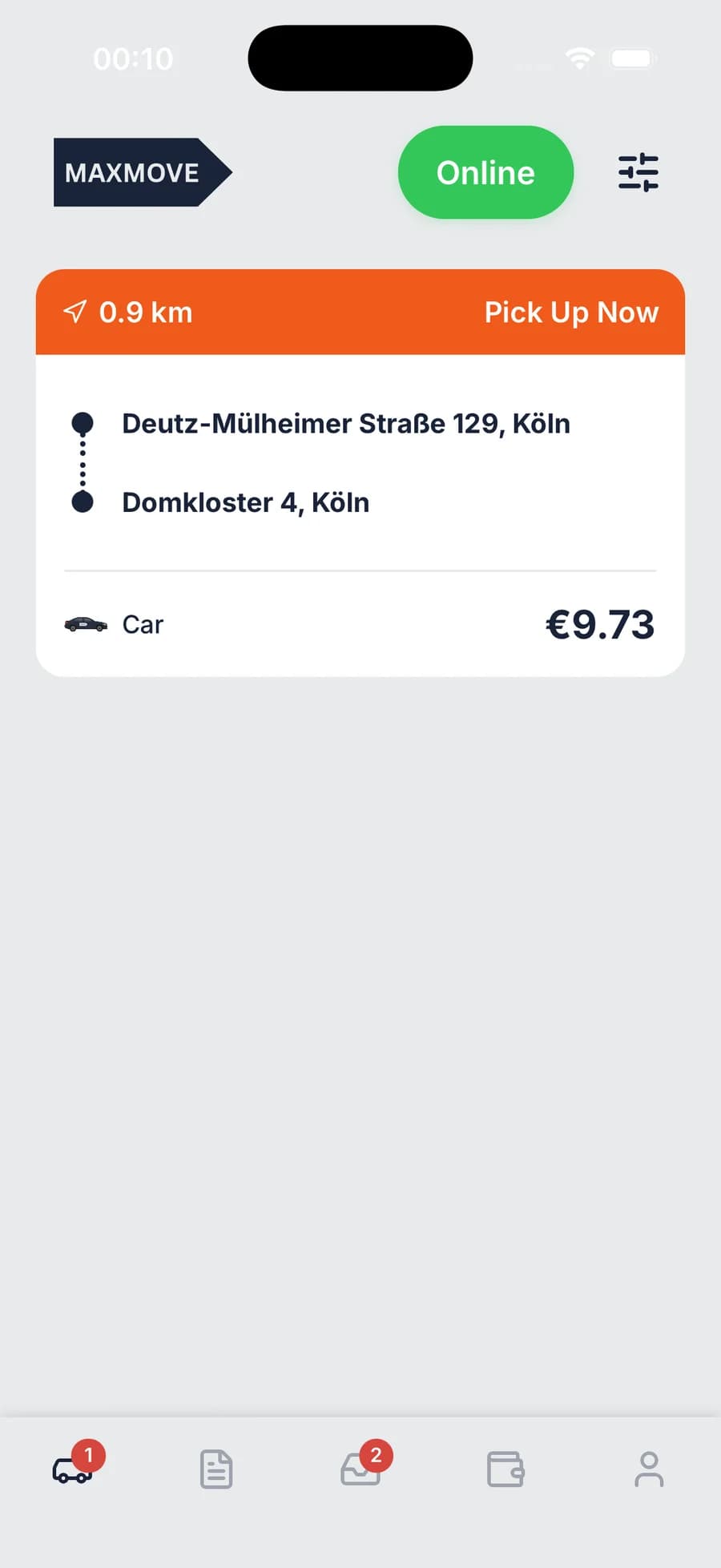 Maxmove driver app showing available orders