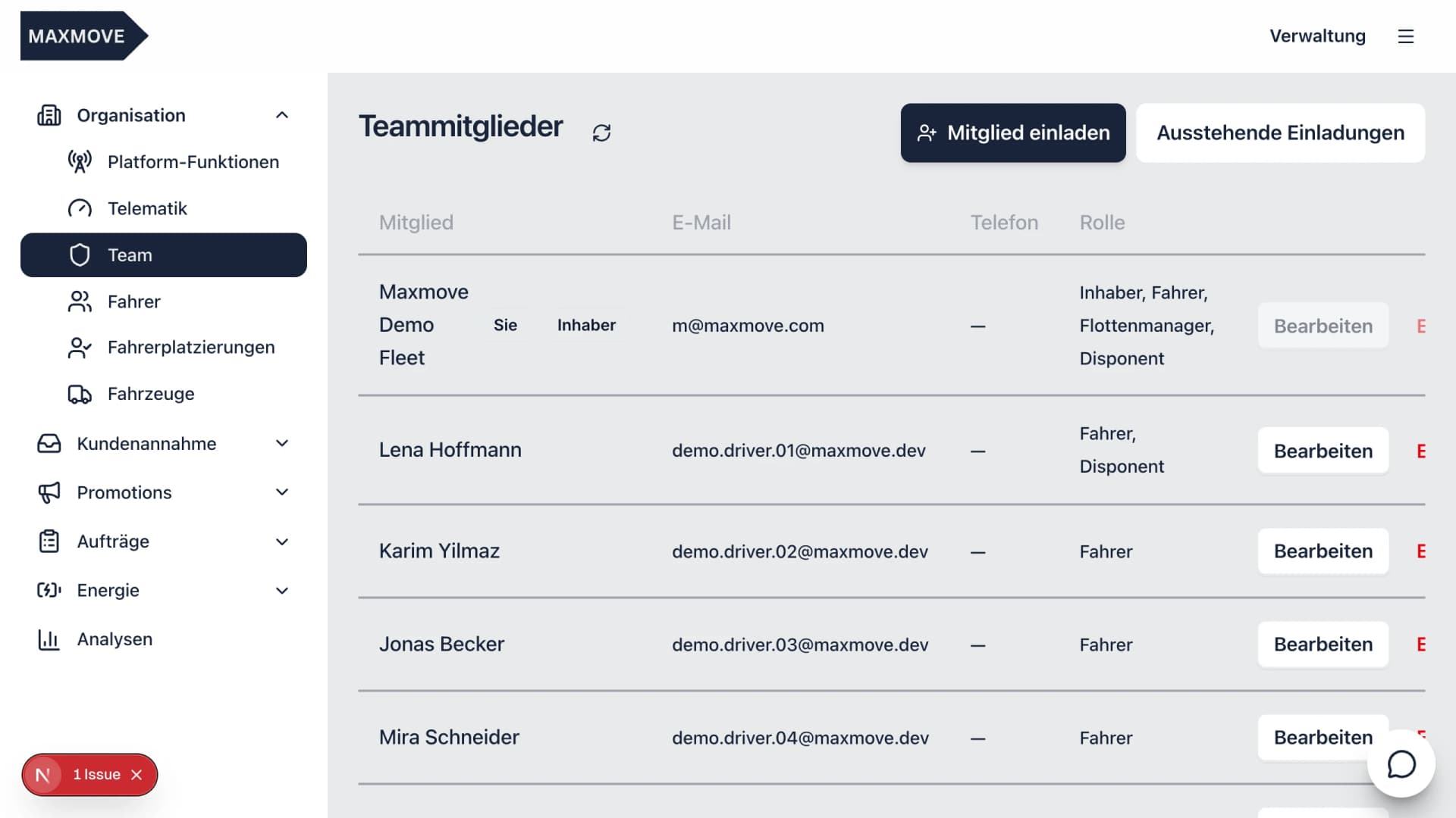 Fahrzeugverwaltung im Maxmove Flottenmanagement mit Fuhrparkübersicht