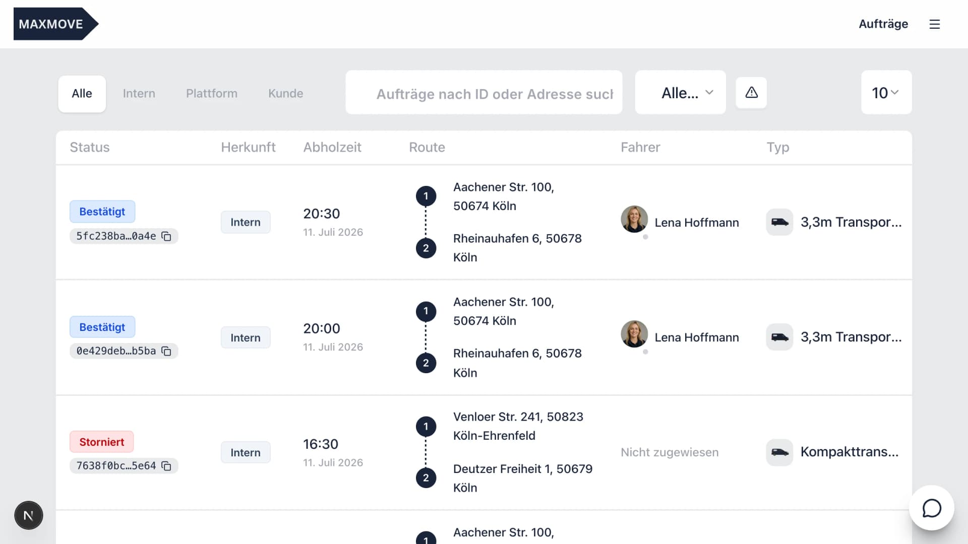 Auftragsübersicht in der Maxmove Speditionssoftware
