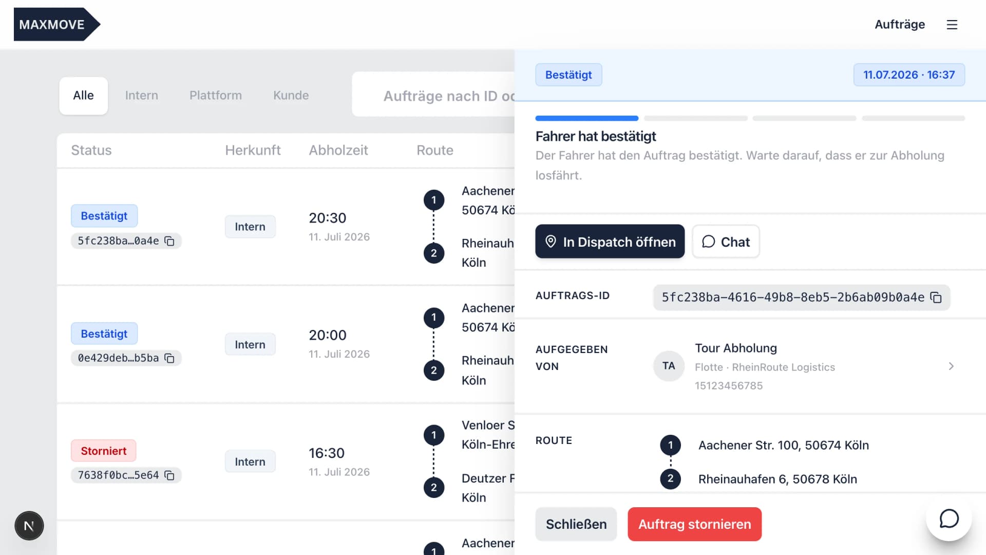 Auftragsdetails in der Maxmove Kuriersoftware