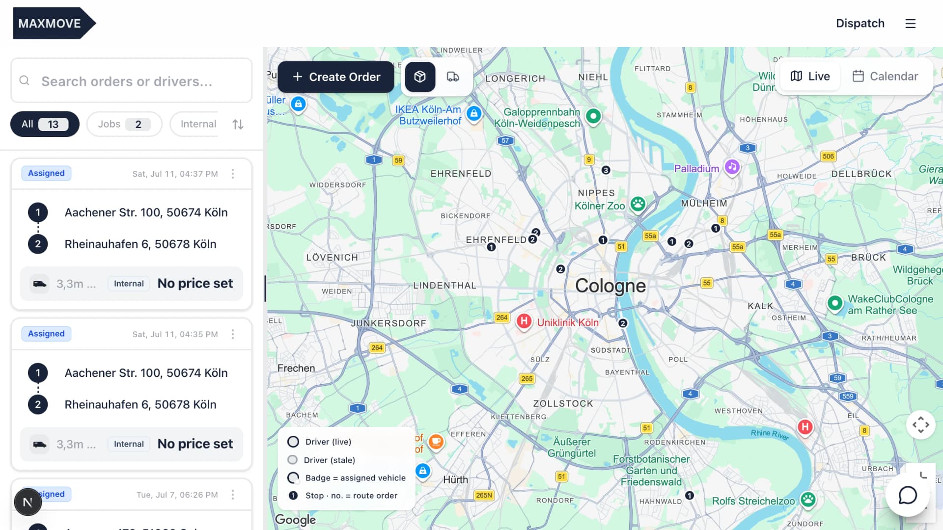 Route planning in the Maxmove control centre with orders and a live map