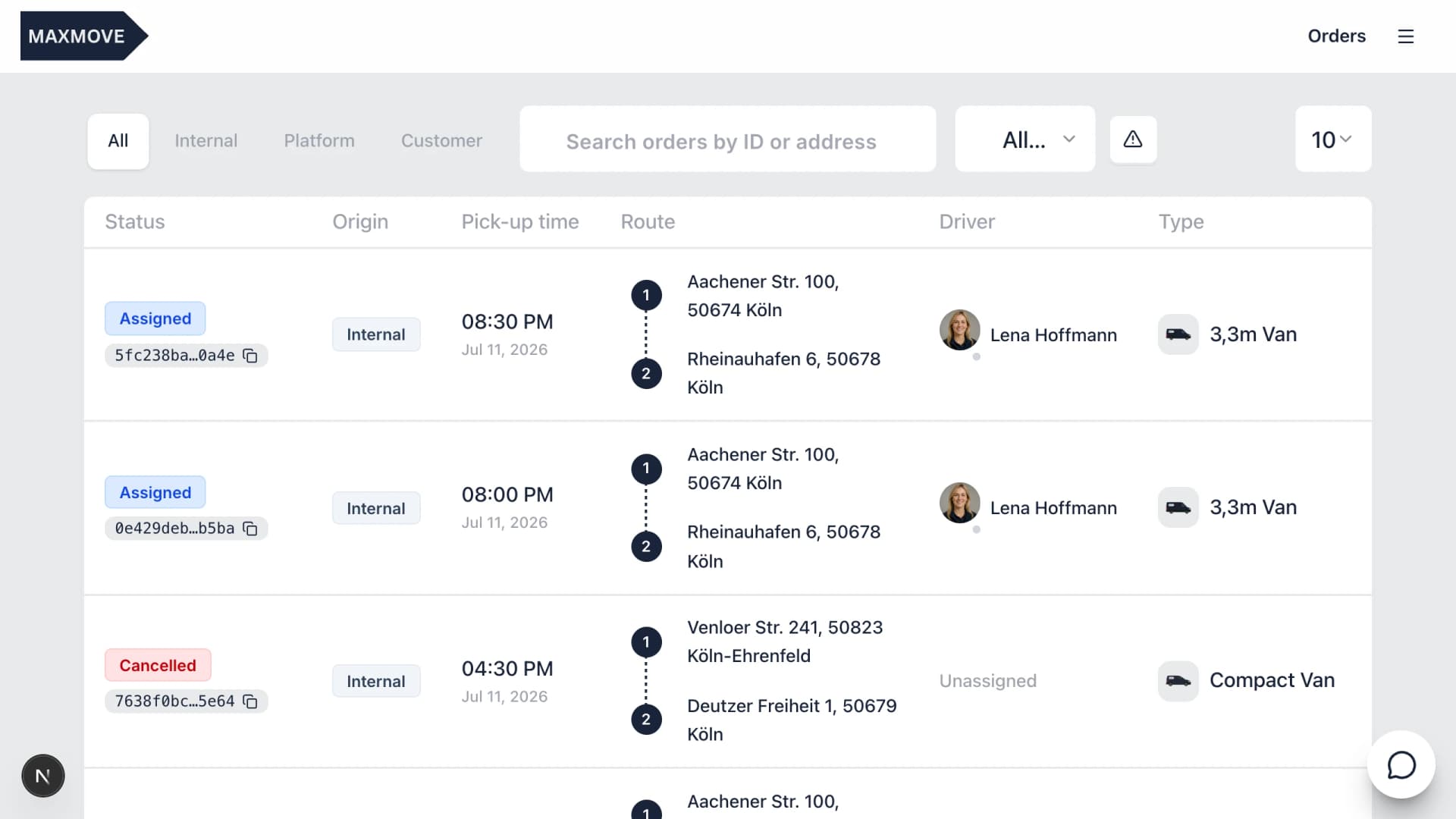 Order overview in the Maxmove forwarding software