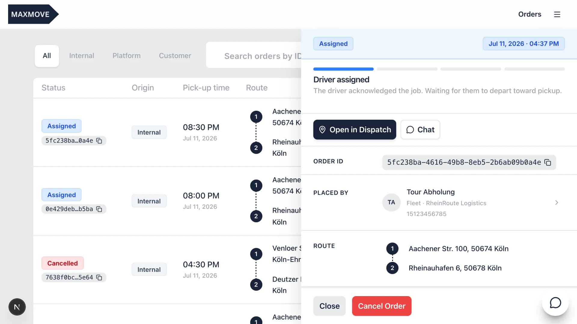 Order details in the Maxmove courier software