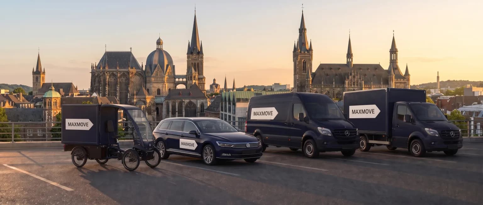 Maxmove courier van in front of the Aachen skyline