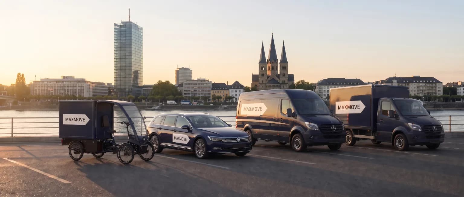 Maxmove courier van in front of the Bonn skyline