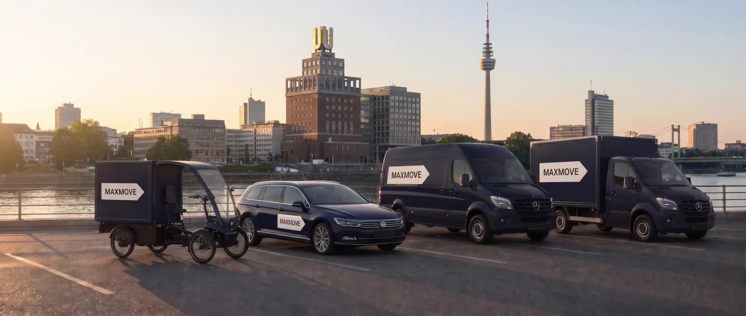 Maxmove courier van in front of the Dortmund skyline