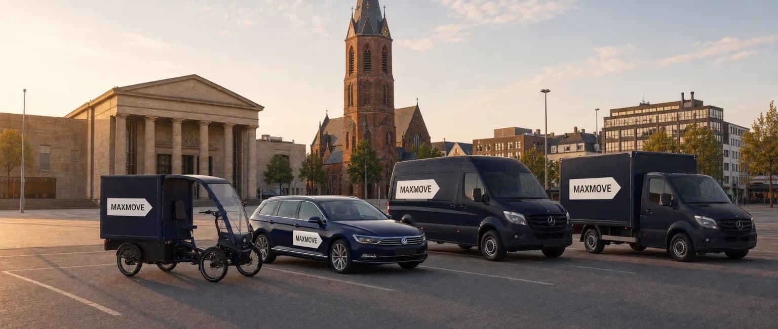 Maxmove courier van in front of the Düren skyline
