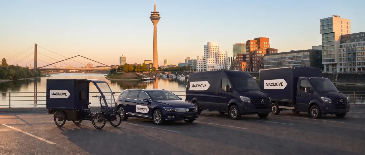 Maxmove courier van in front of the Düsseldorf skyline