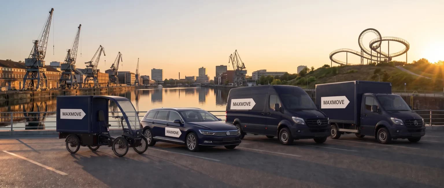 Maxmove courier van in front of the Duisburg skyline