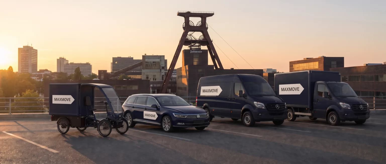 Maxmove courier van in front of the Essen skyline