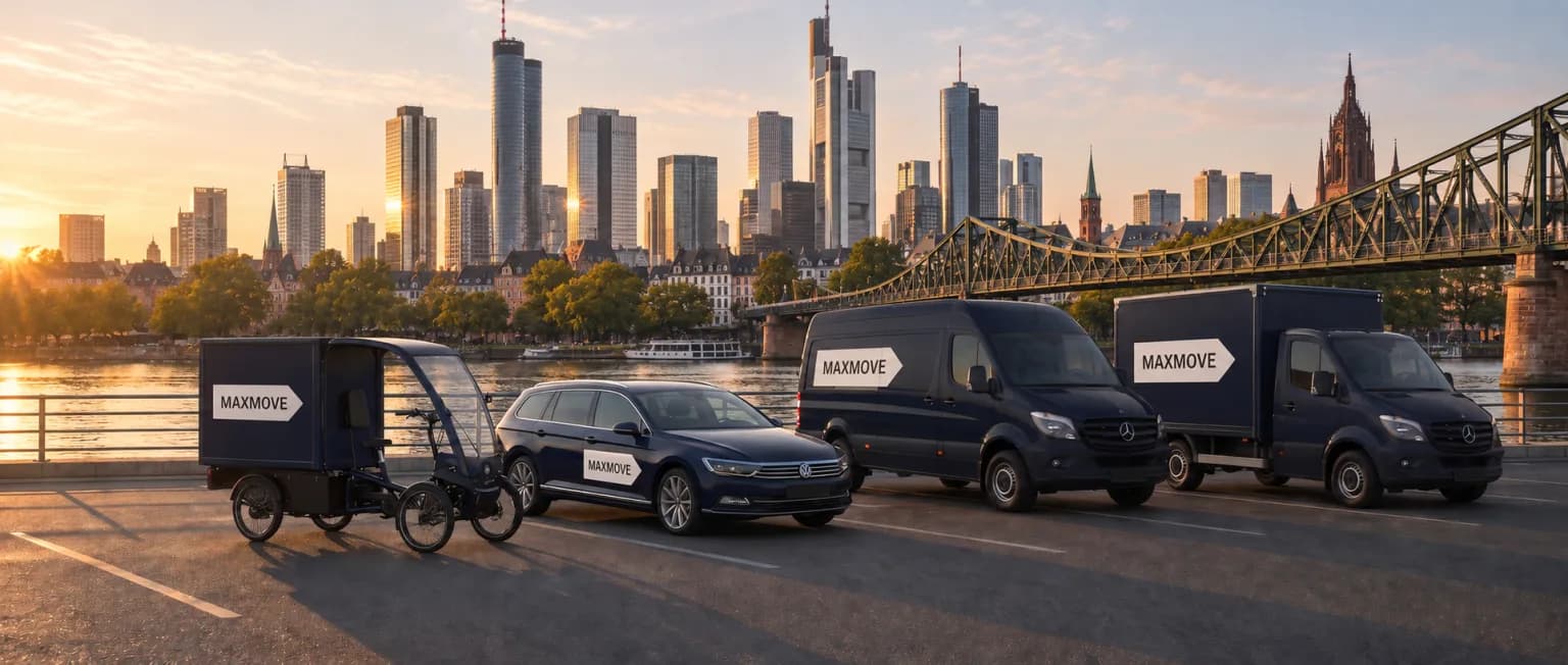 Maxmove teretni bicikl, karavan, kombi i kamion sa sandučastom nadogradnjom na obali Majne, ispred panorame Frankfurta i mosta Gvozdeni most