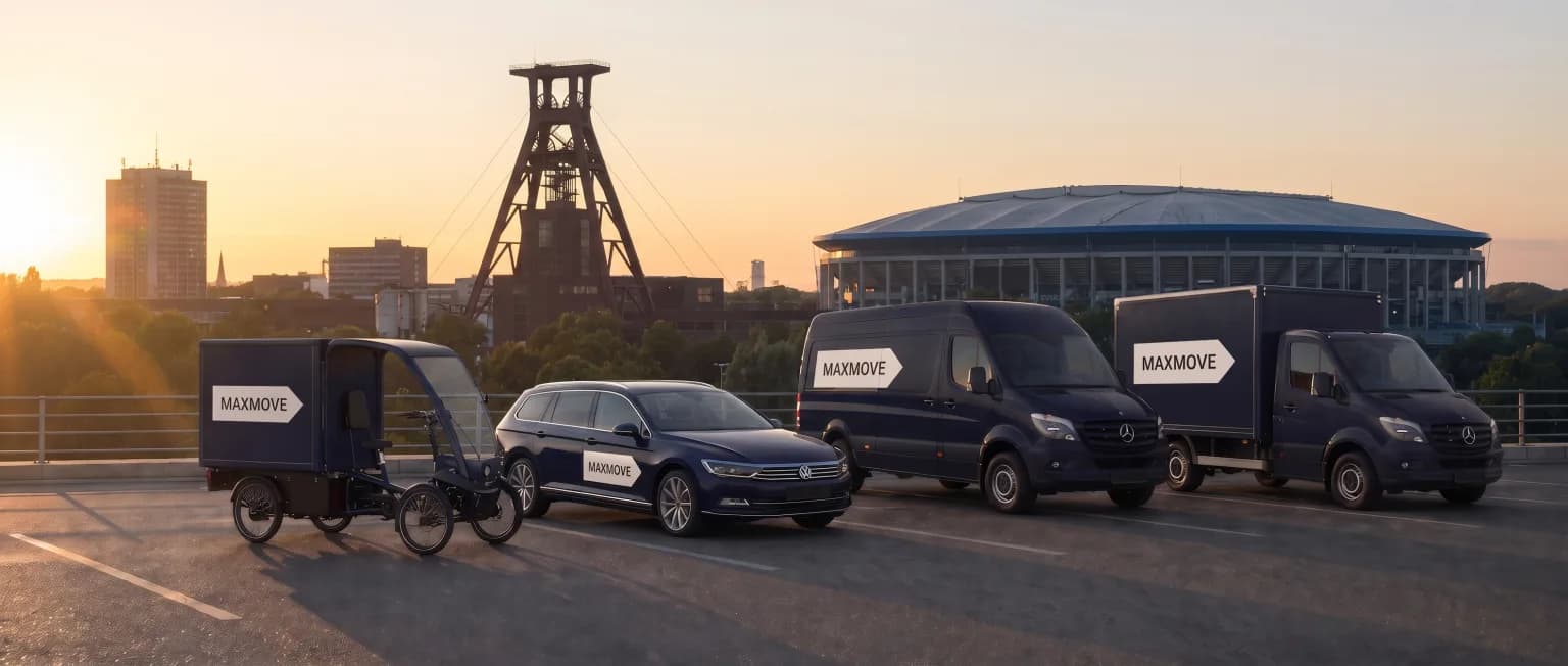 Maxmove courier van in front of the Gelsenkirchen skyline