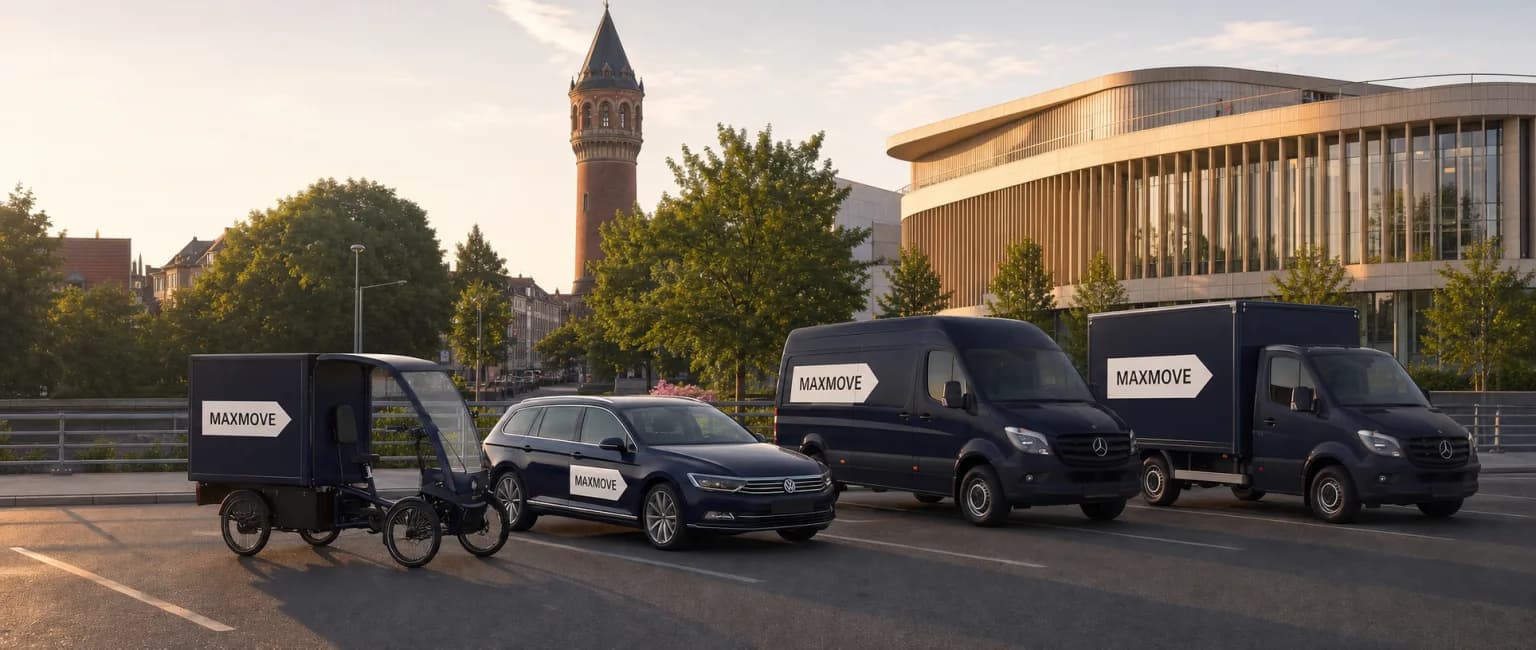 Maxmove courier van in front of the Gütersloh skyline