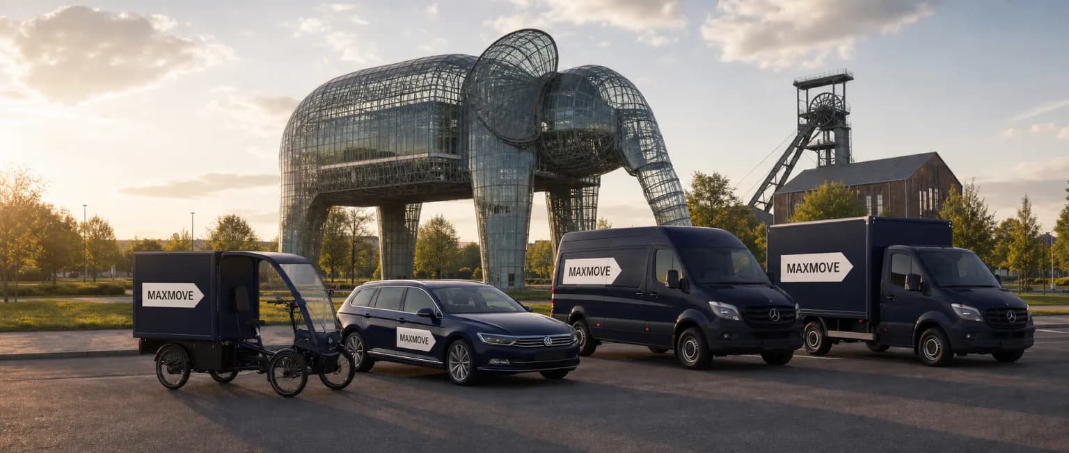 Maxmove courier van in front of the Hamm skyline