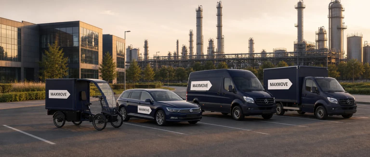 Maxmove courier van in front of the Hürth skyline