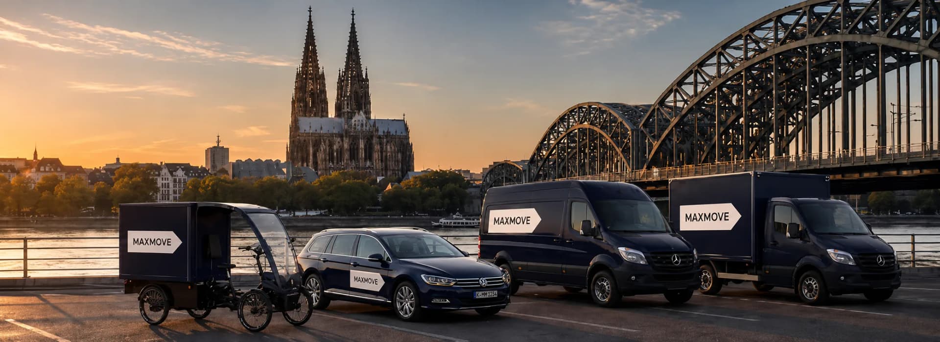 Maxmove Kurier-Transporter vor der Skyline von Köln