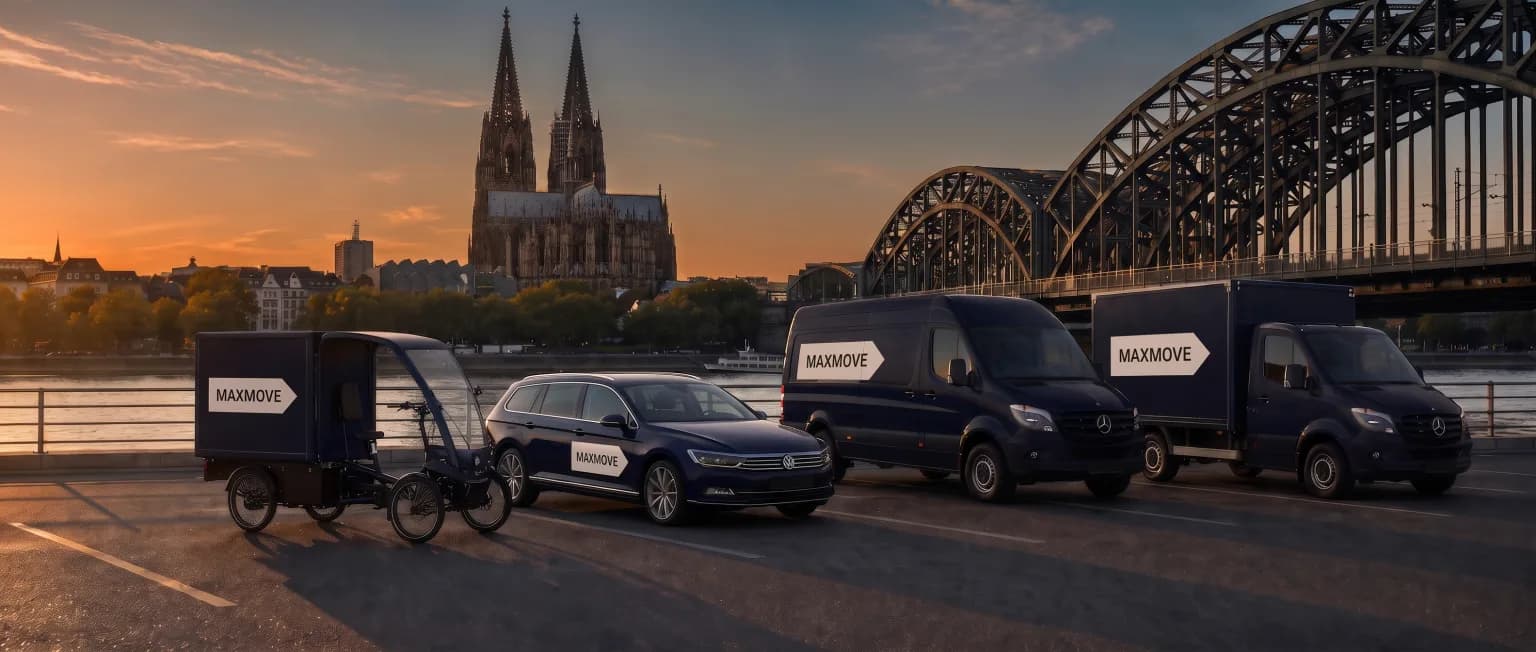 Maxmove courier van in front of the Köln skyline