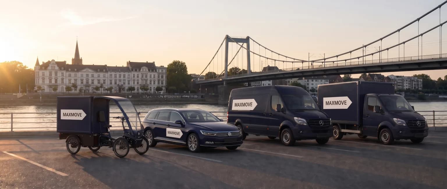 Maxmove courier van in front of the Krefeld skyline