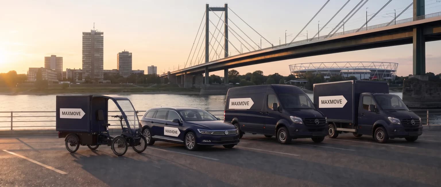 Maxmove courier van in front of the Leverkusen skyline