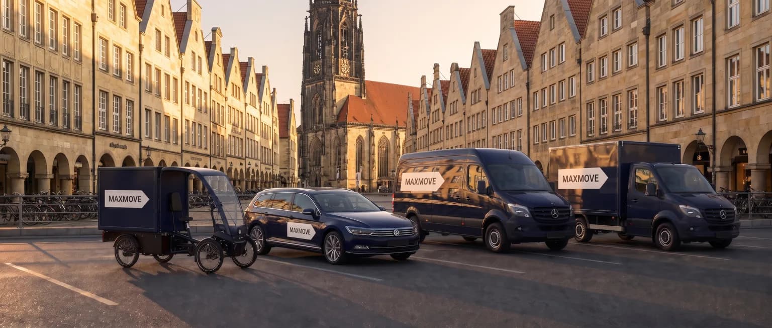 Maxmove courier van in front of the Münster skyline
