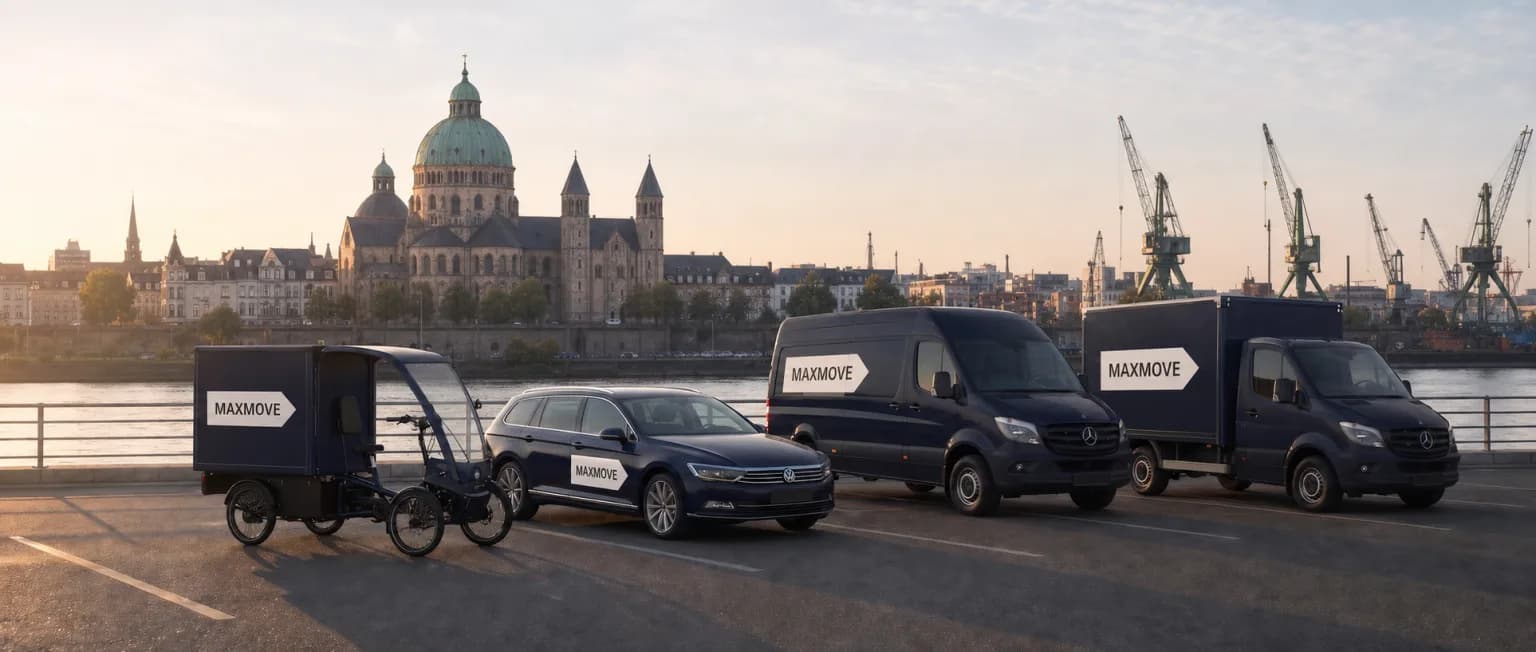 Maxmove courier van in front of the Neuss skyline