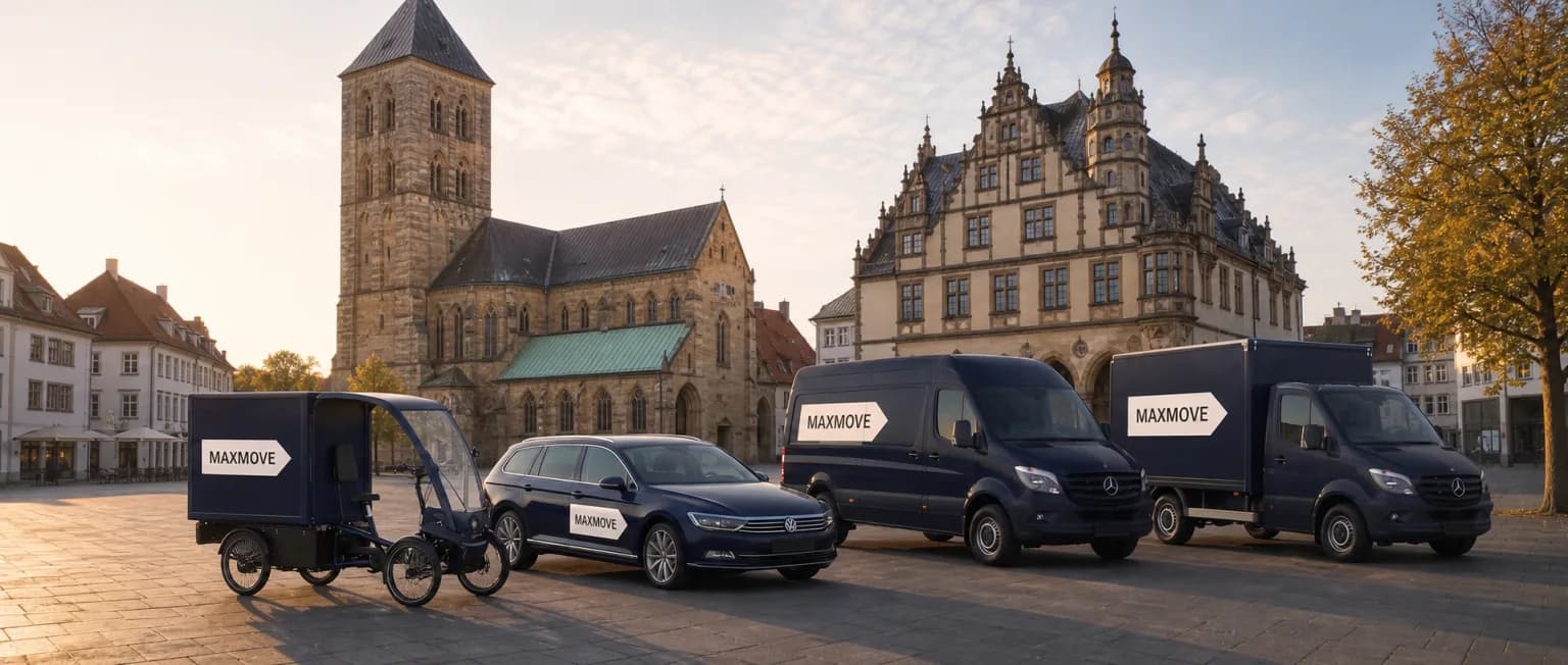 Maxmove courier van in front of the Paderborn skyline