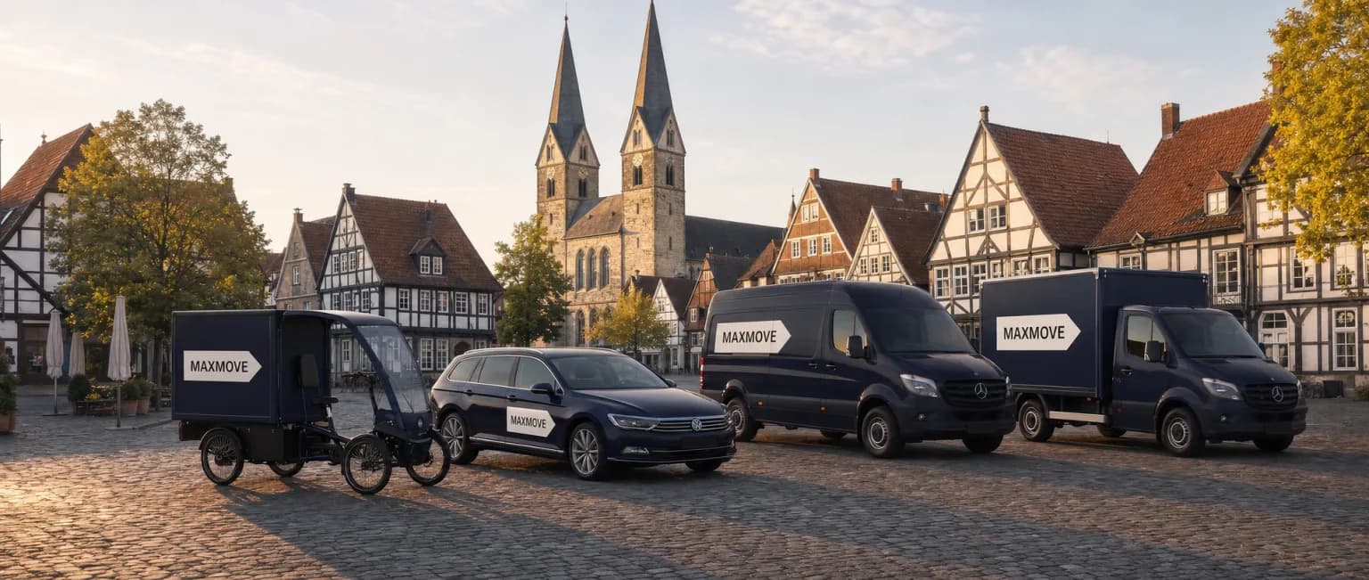 Maxmove Kurier-Transporter vor der Skyline von Ratingen