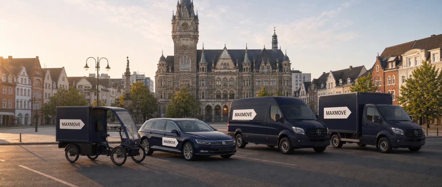 Maxmove courier van in front of the Recklinghausen skyline