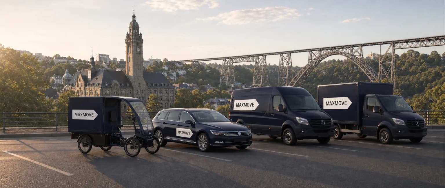 Maxmove Kurier-Transporter vor der Skyline von Remscheid