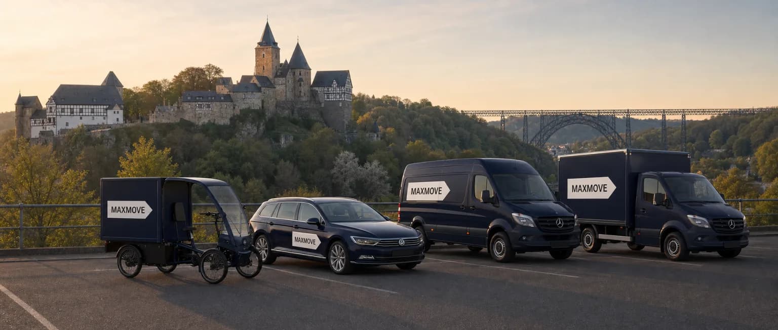 Maxmove Kurier-Transporter vor der Skyline von Solingen