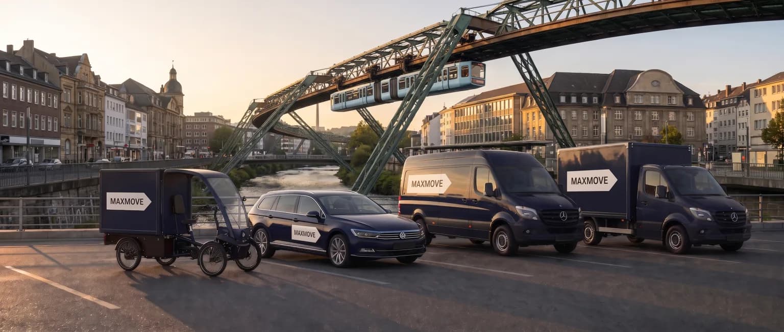 Maxmove courier van in front of the Wuppertal skyline