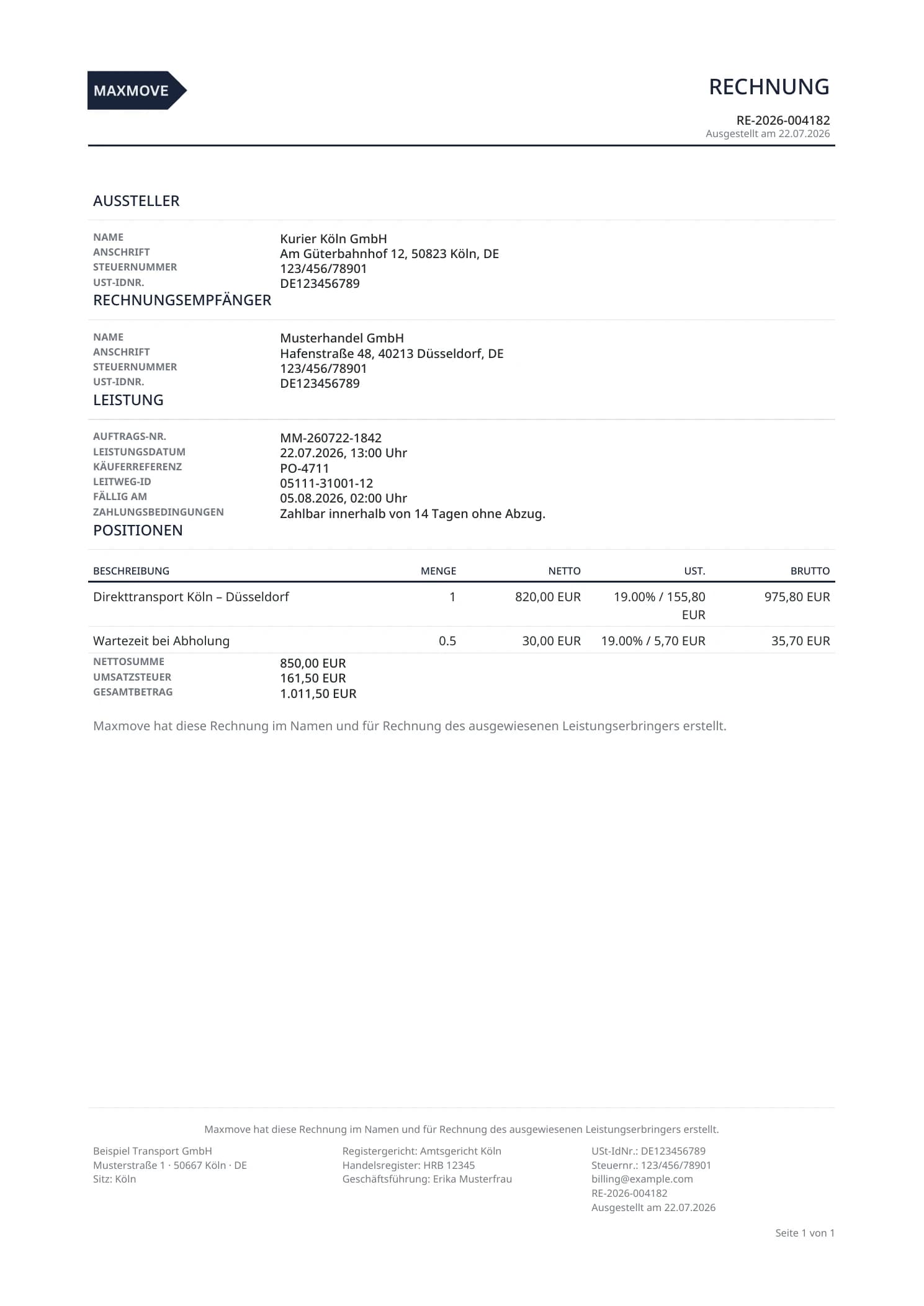 Beispiel einer von Maxmove erzeugten E-Rechnung mit Aussteller, Empfänger, Leistungsdaten und Rechnungssumme