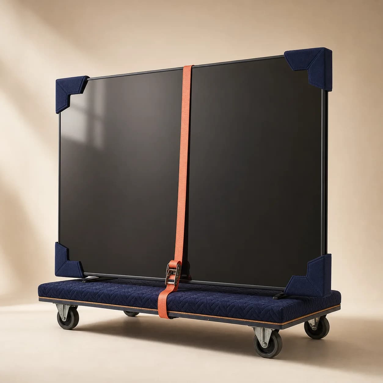Großer Fernseher transportsicher auf einem Rollwagen