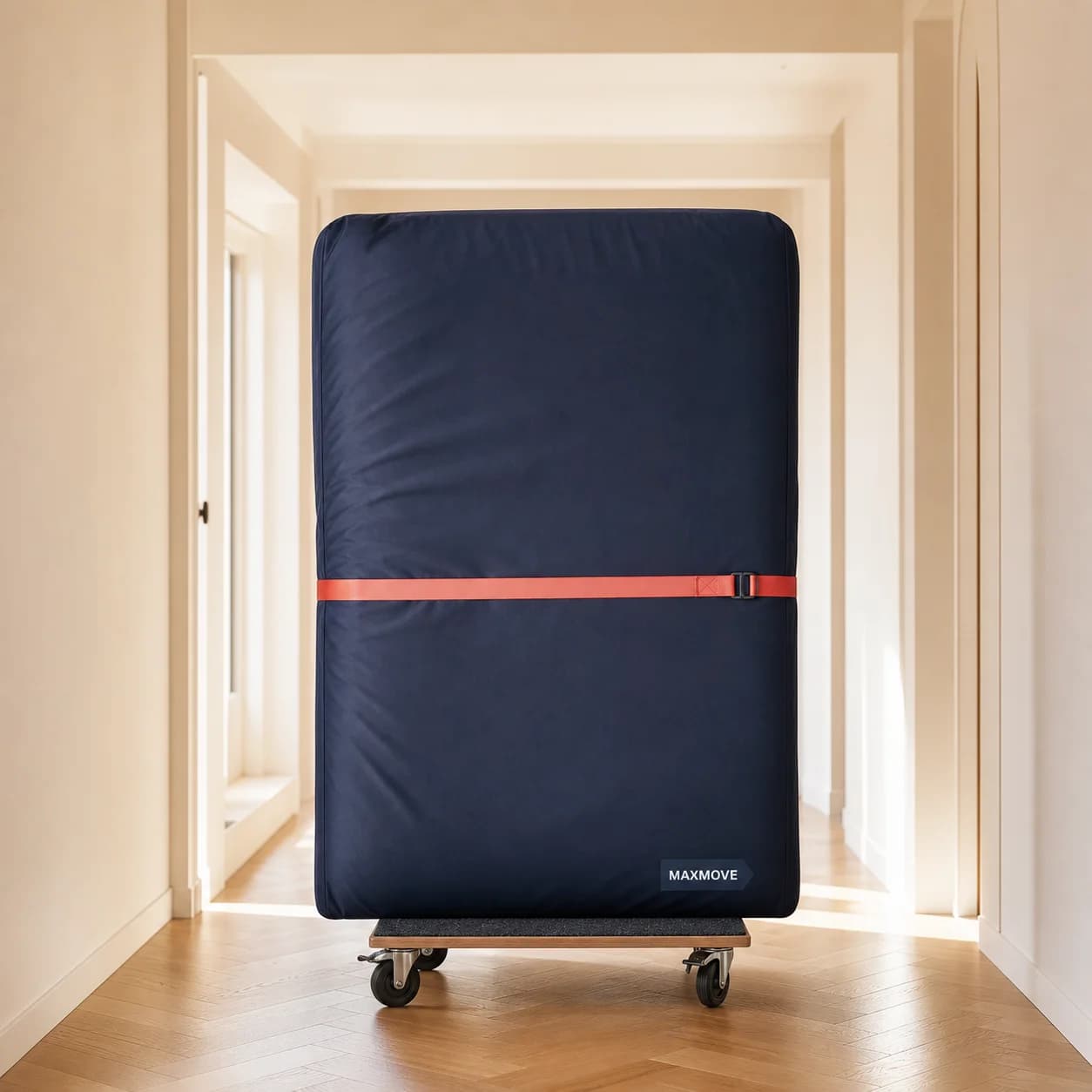 Matratze in einer Maxmove-Schutzhülle auf einem Rollwagen