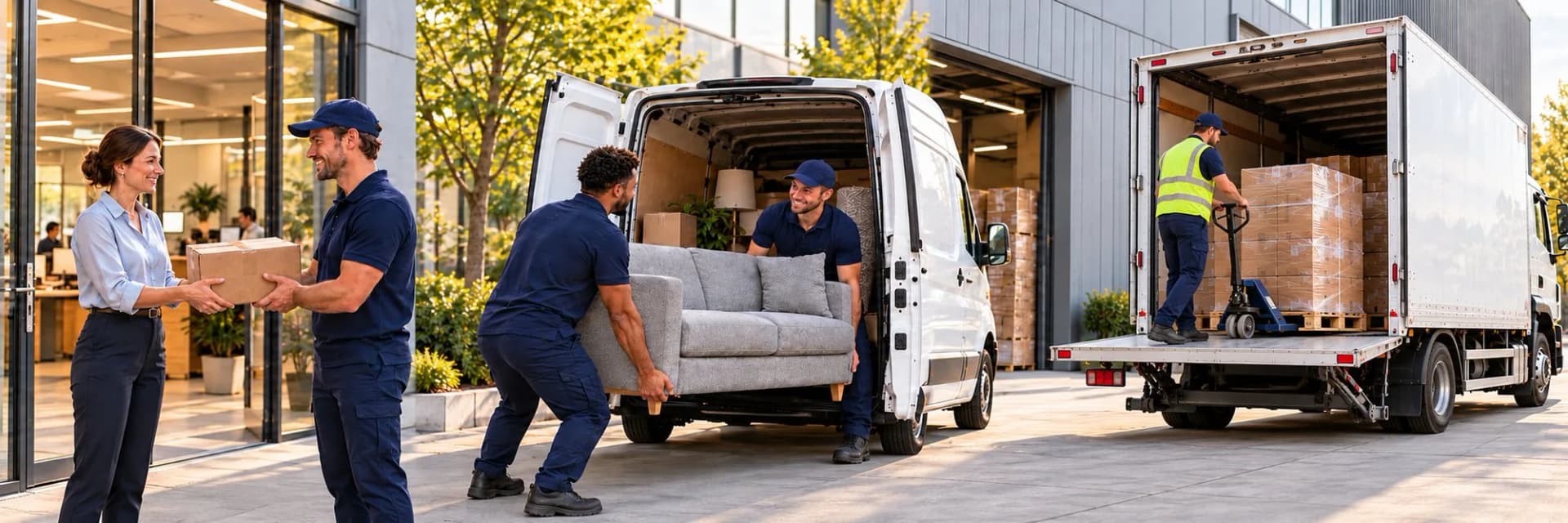 Maxmove-Fahrer übergeben ein Paket am Empfang, laden ein Sofa und Paletten