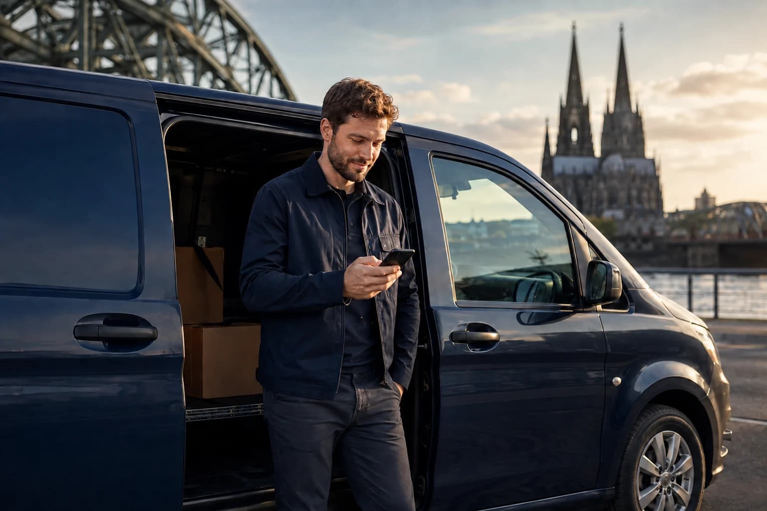 Courier checking his phone beside an open van with Cologne Cathedral in the background