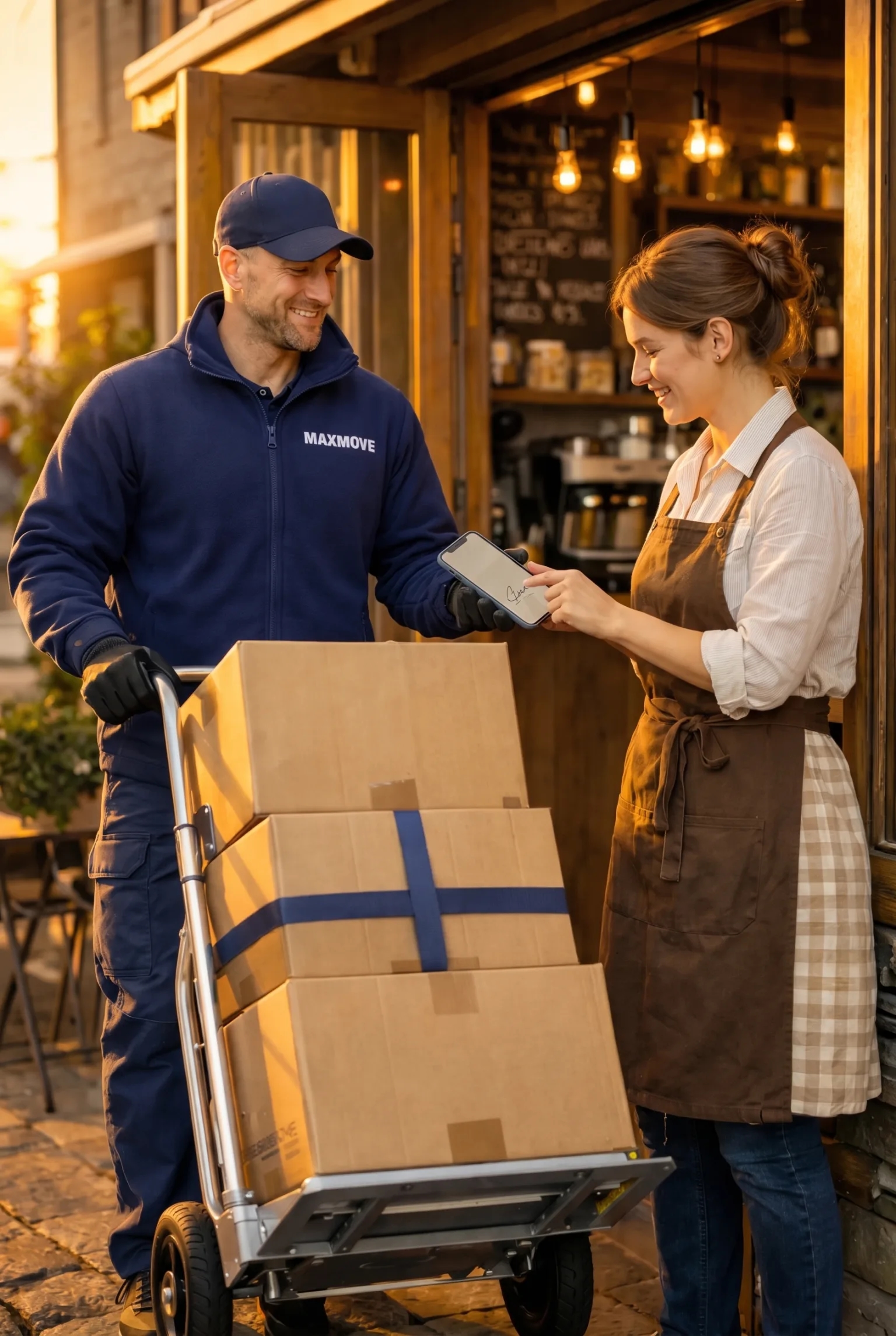 Maxmove courier handing over a delivery with digital proof of delivery