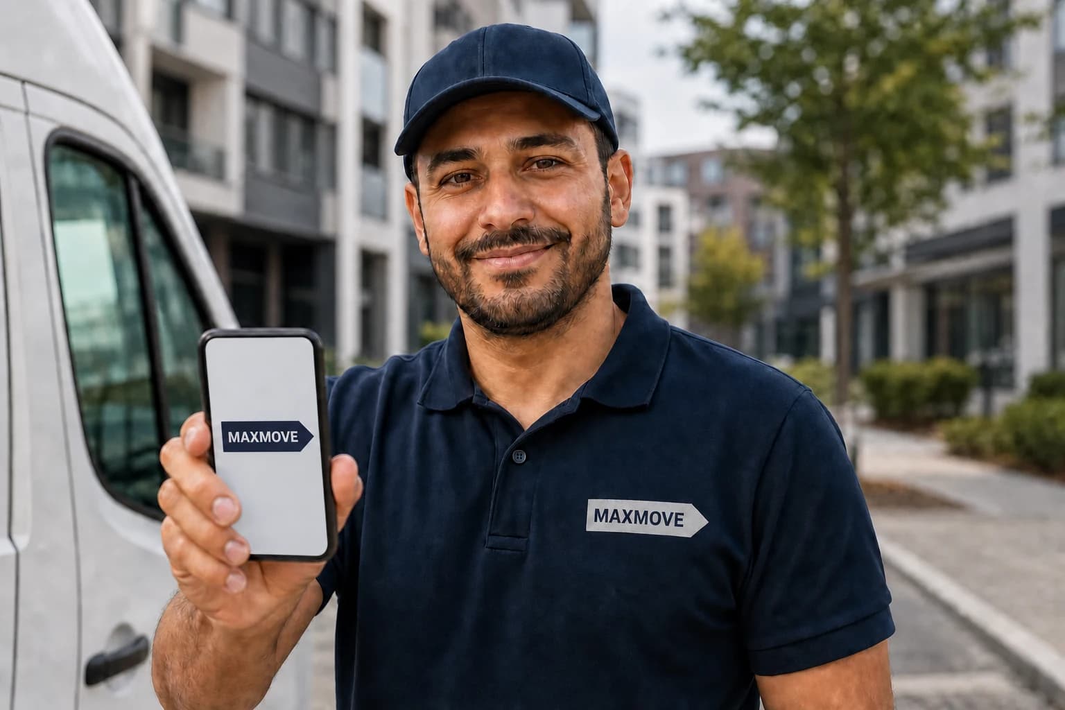 Maxmove-Fahrer hält die Fahrer-App auf seinem Smartphone in die Kamera