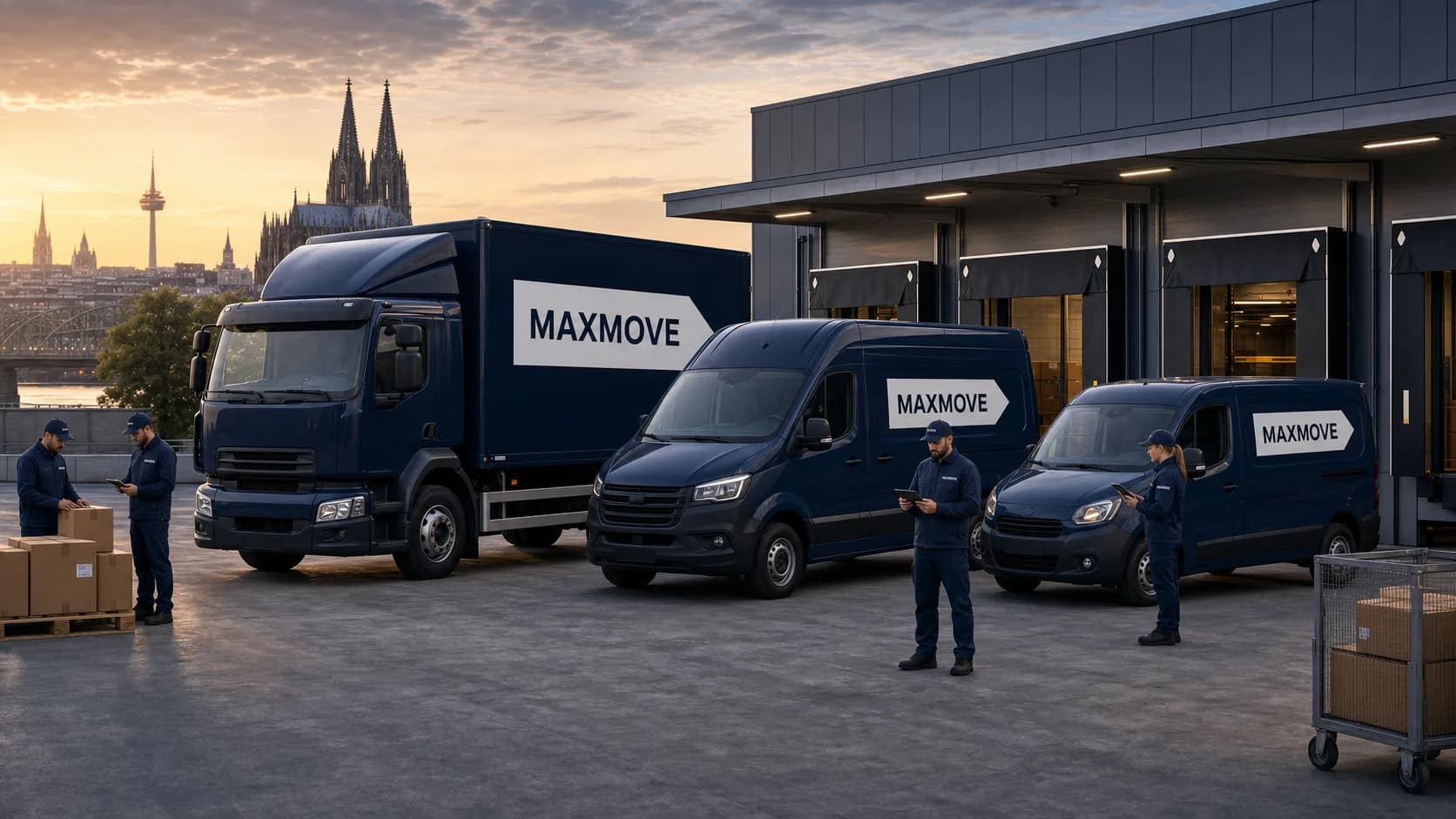 Maxmove fleet at the loading dock: truck, sprinter van, and cargo van